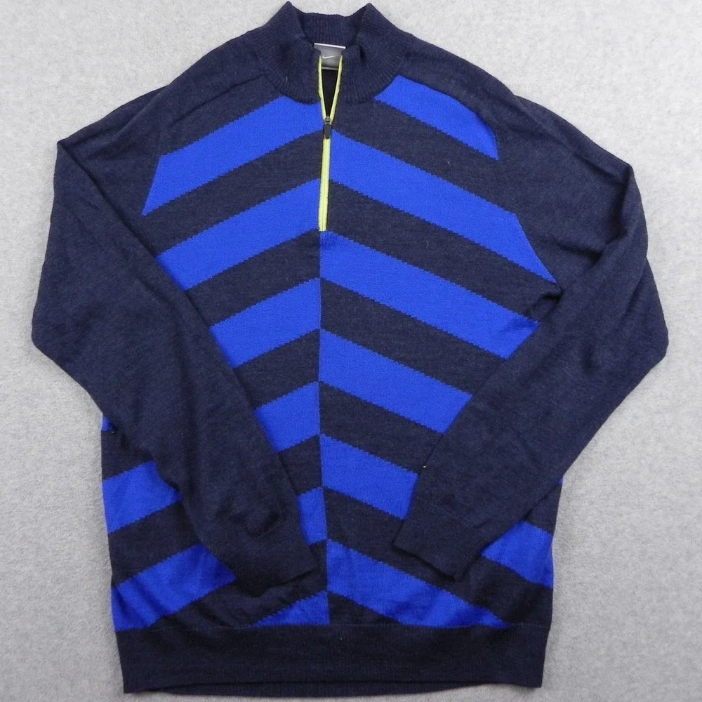 Nike Golf Sweater Mens Large 1/4 Zip Pullover Mock Neck Blue Striped Long Sleeve